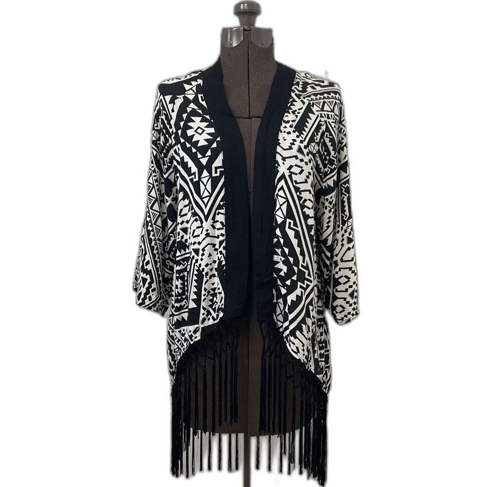 Black Fringe Kimono Cardigan Boho Festival Duster Open Front S